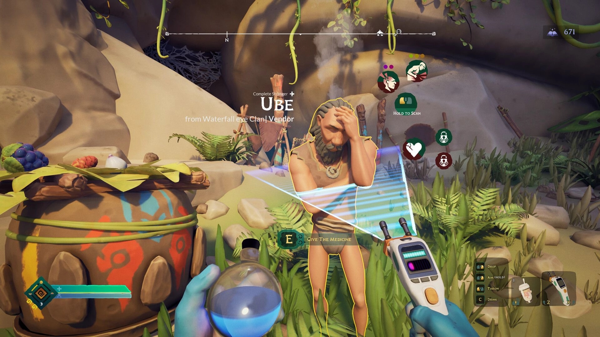 ASTROBOTANICA: Offering medicine to Ube in a lush cave setting with interactive UI elements visible.