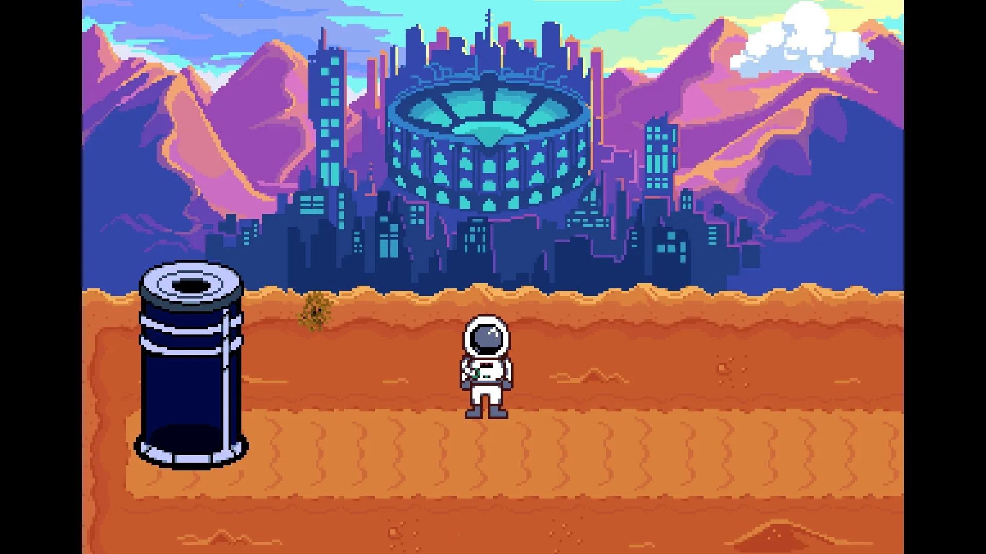 Astromeda: Astronaut explores desert landscape with futuristic city skyline and mountains in background