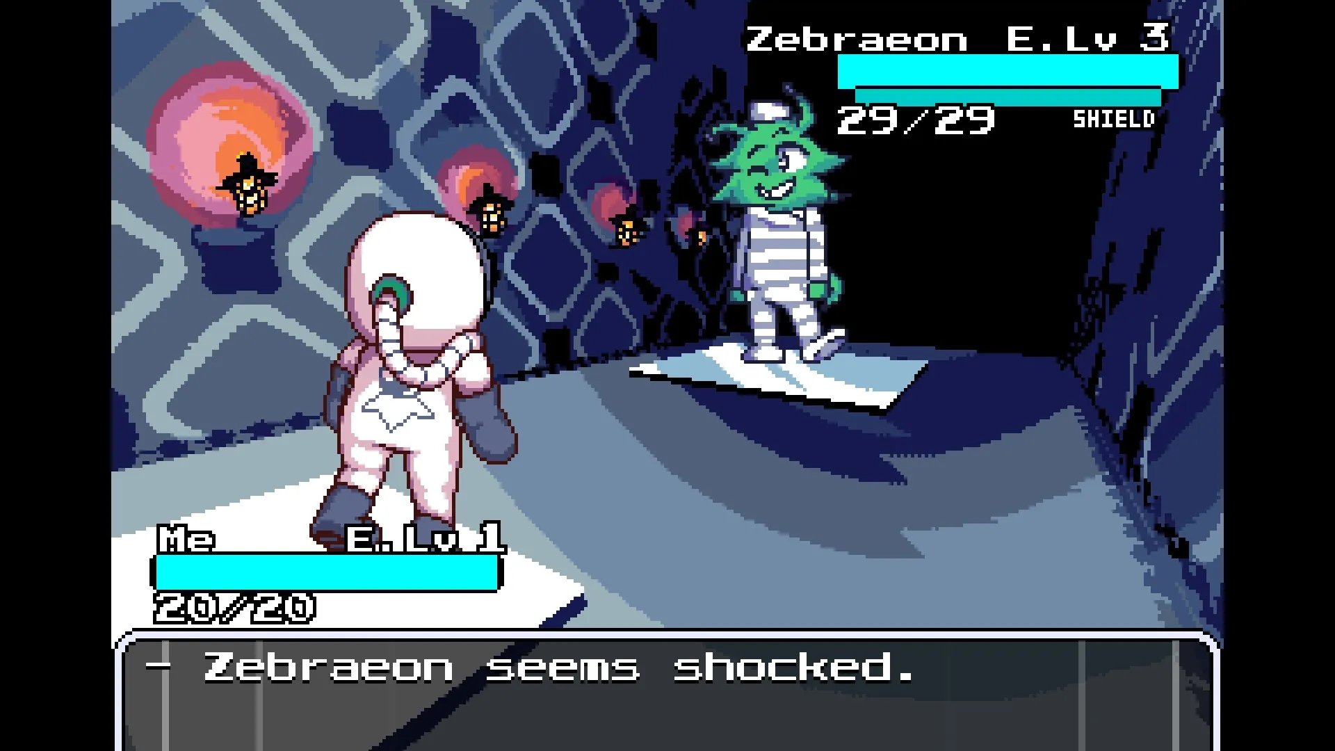 Astromeda: Turn-based battle between player and Zebraeon in a futuristic corridor with health bars.
