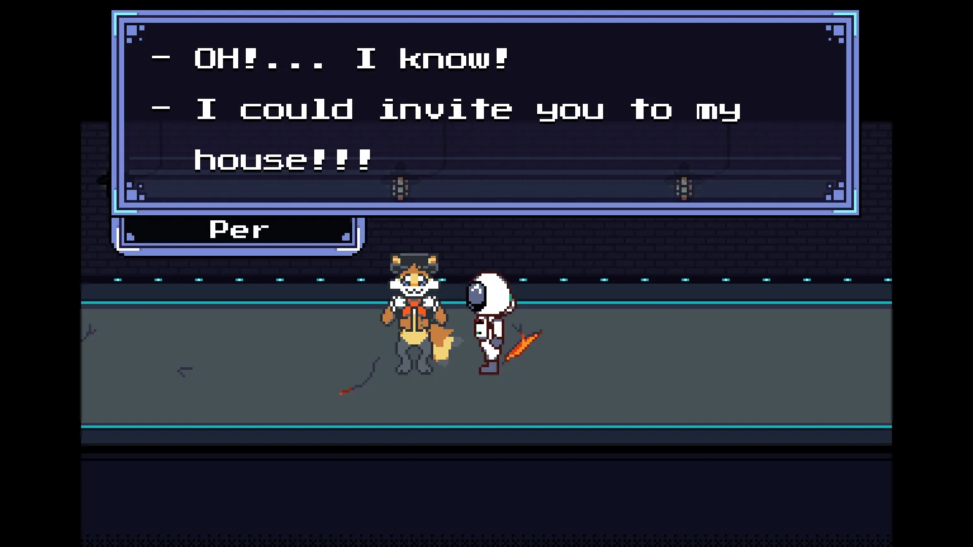 Astromeda: Dialogue with Per in a futuristic corridor, player character in spacesuit listens attentively.