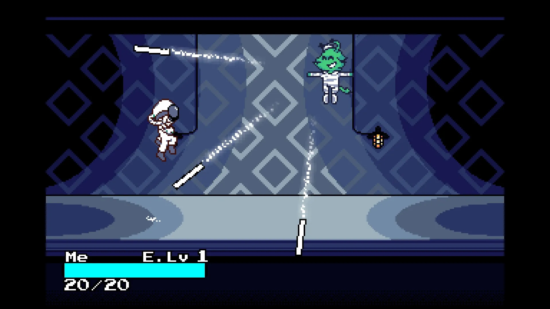 Astromeda: Player character in combat with green creature in a geometric-patterned room, health bar shown