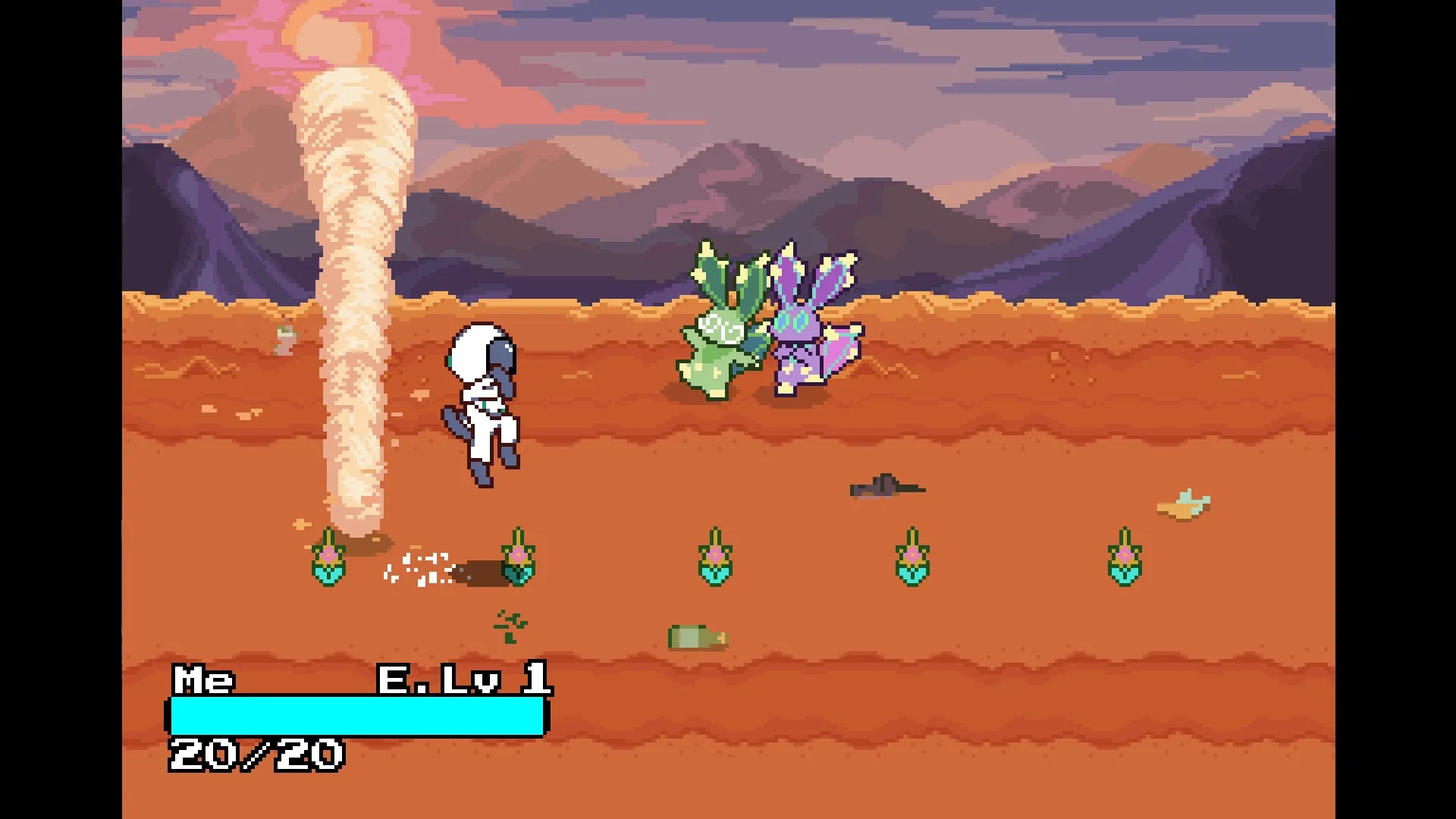 Astromeda: Human character battling two bacteria creatures in desert landscape with health bar visible