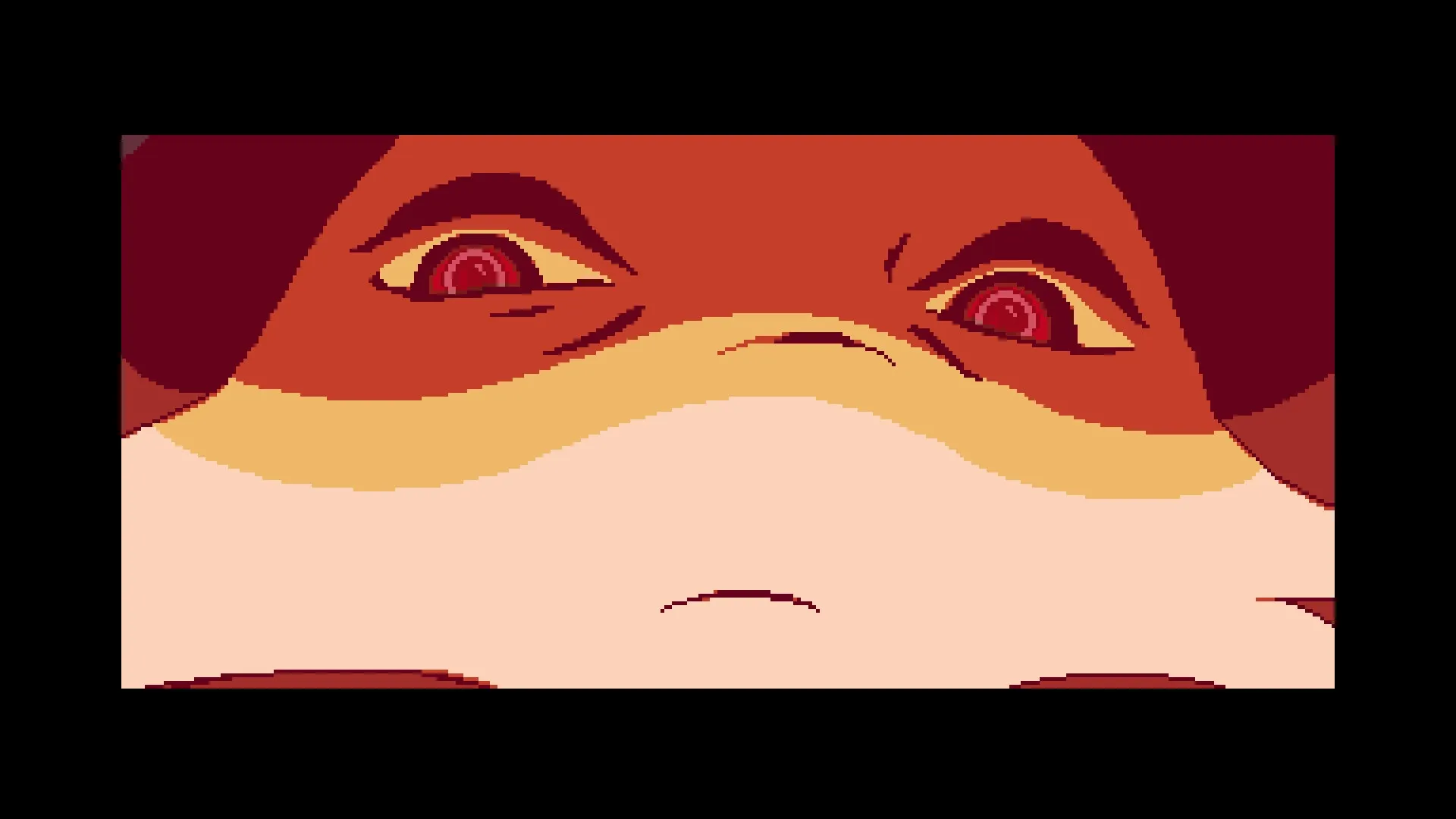 Astromeda: Close-up of mysterious character's face with intense red eyes, set against a dark backdrop.