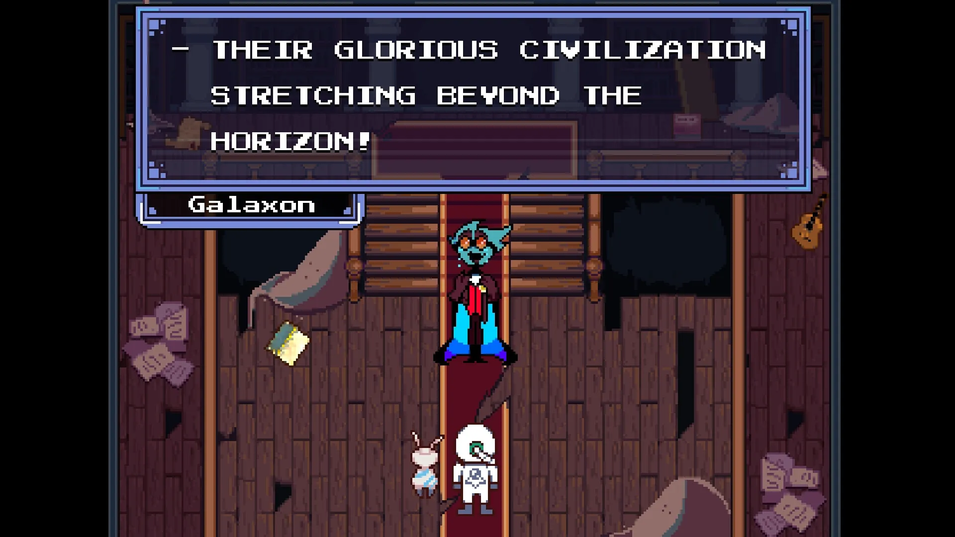 Astromeda: Galaxon delivering a speech in a wooden hall with scattered papers and a guitar on the floor