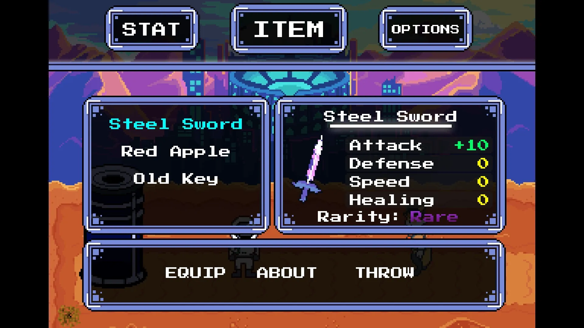 Astromeda: Item menu displaying Steel Sword stats and options in a vibrant, colorful background setting.