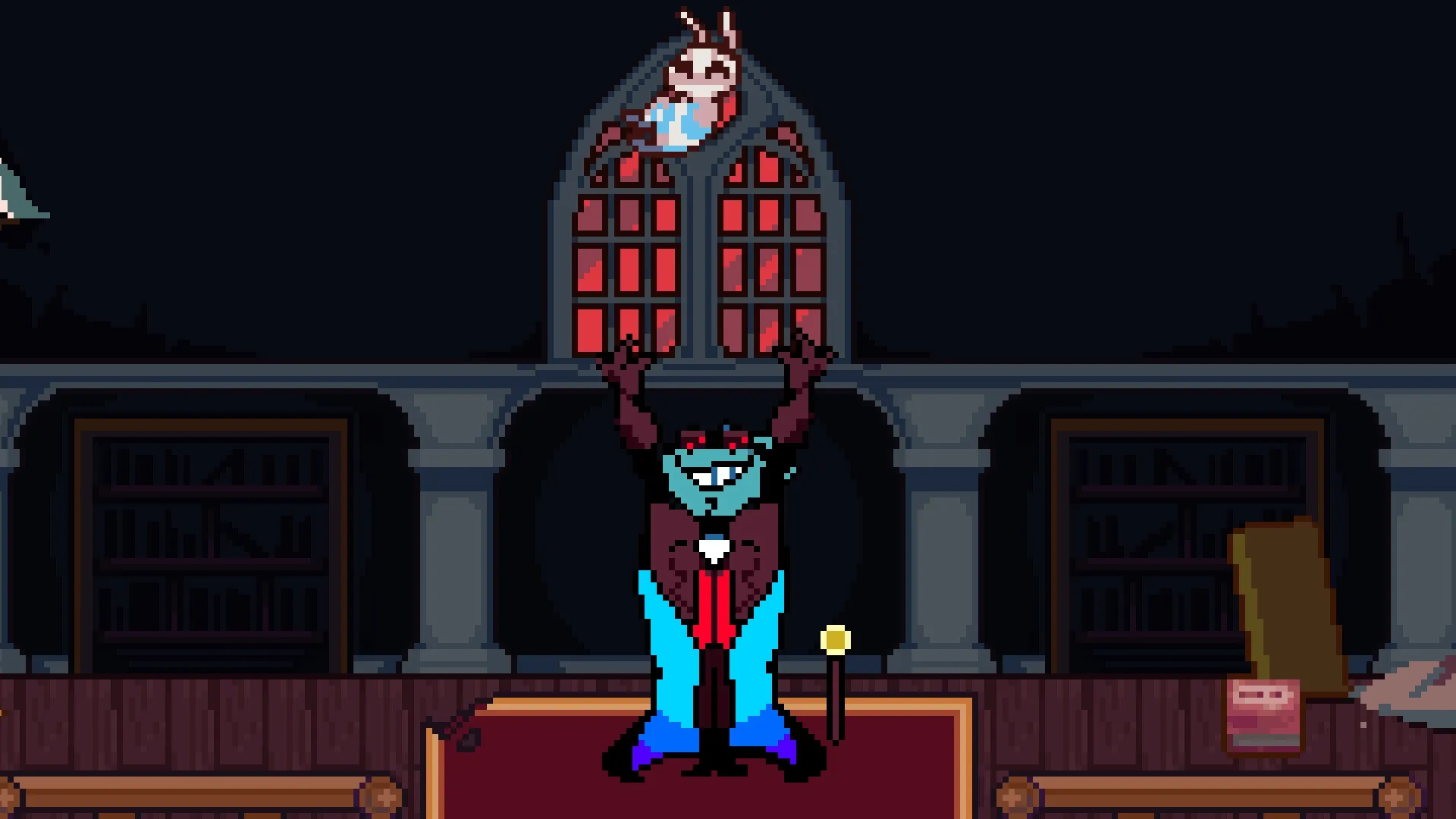 Astromeda: Villainous character raises arms in dim library with stained glass window above