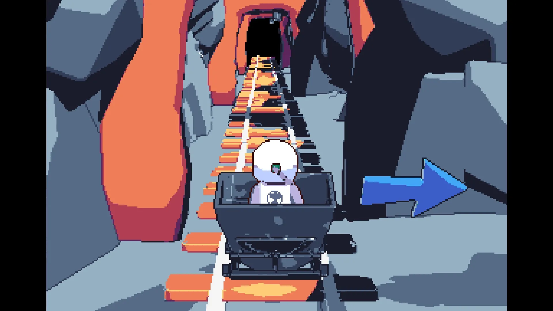 Astromeda: Character riding minecart on tracks through a dimly lit cave with a large blue arrow indicator.