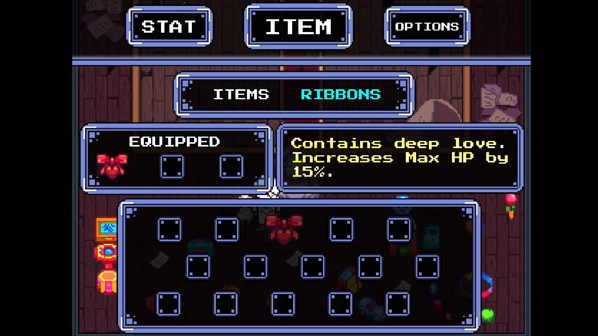 Astromeda: Inventory menu with equipped ribbon item, description boosts max HP by 15%, wooden backdrop