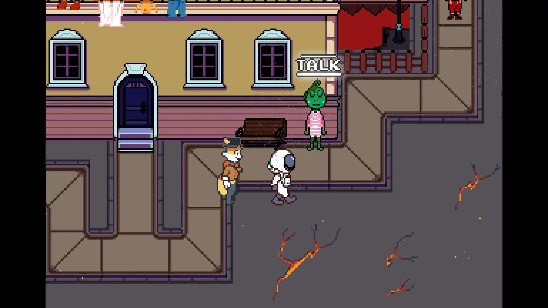 Astromeda: Character in spacesuit approaches talking green creature in colorful town environment