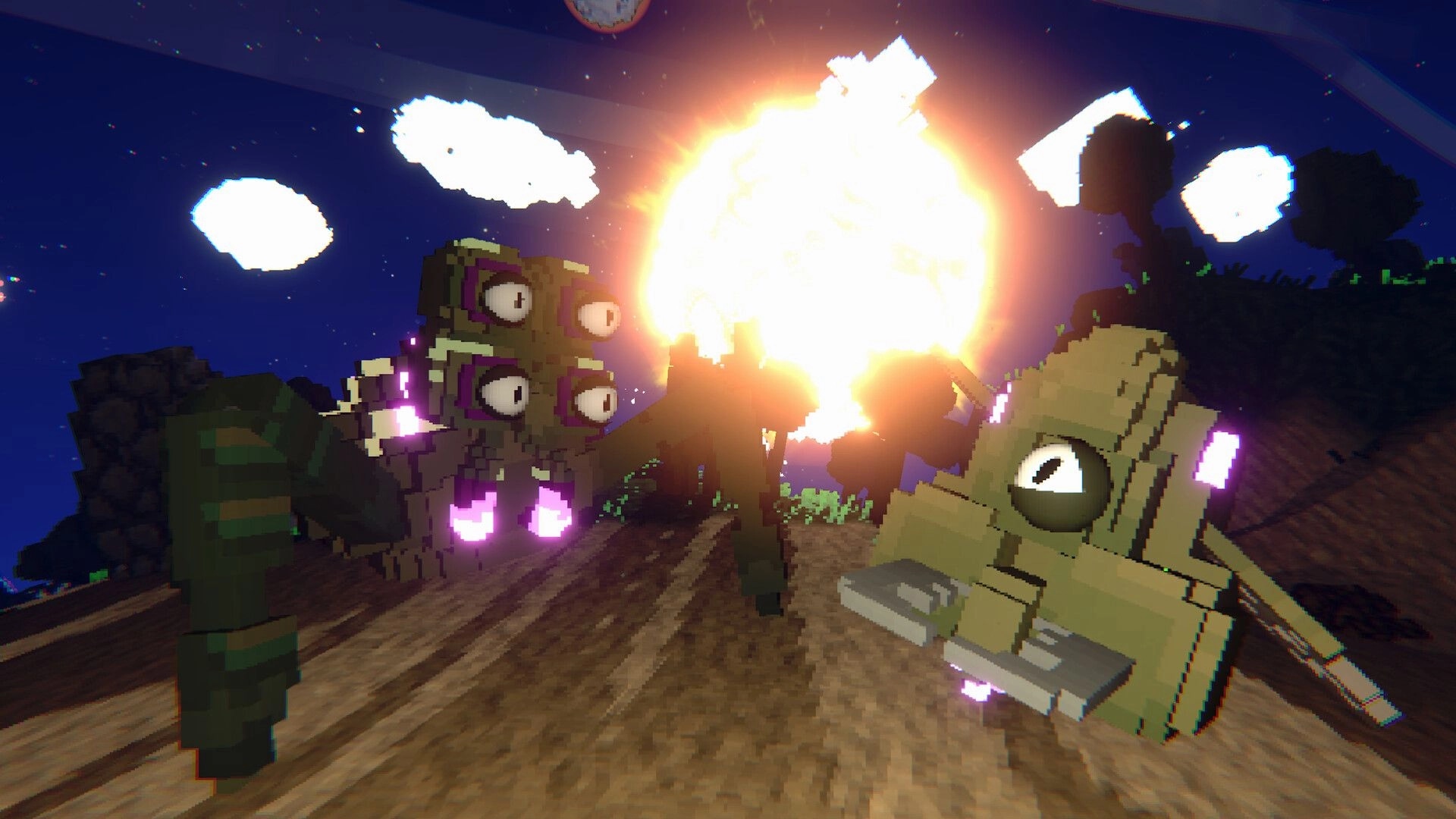 Astromine: Alien creatures approach player on voxel planet at night with a bright explosion nearby