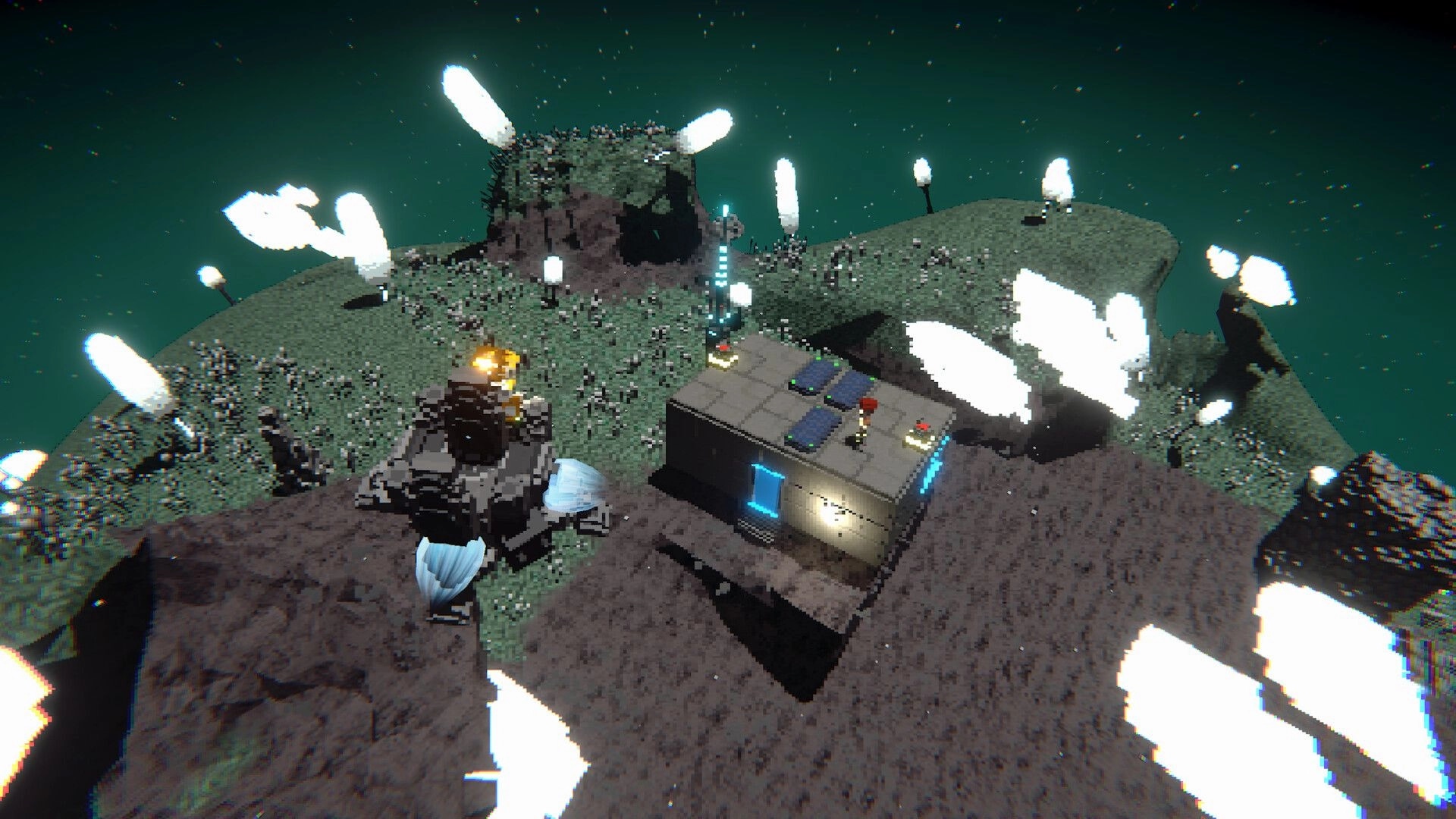Astromine: Aerial view of a small base on a voxel planet with glowing plants and a dark sky backdrop