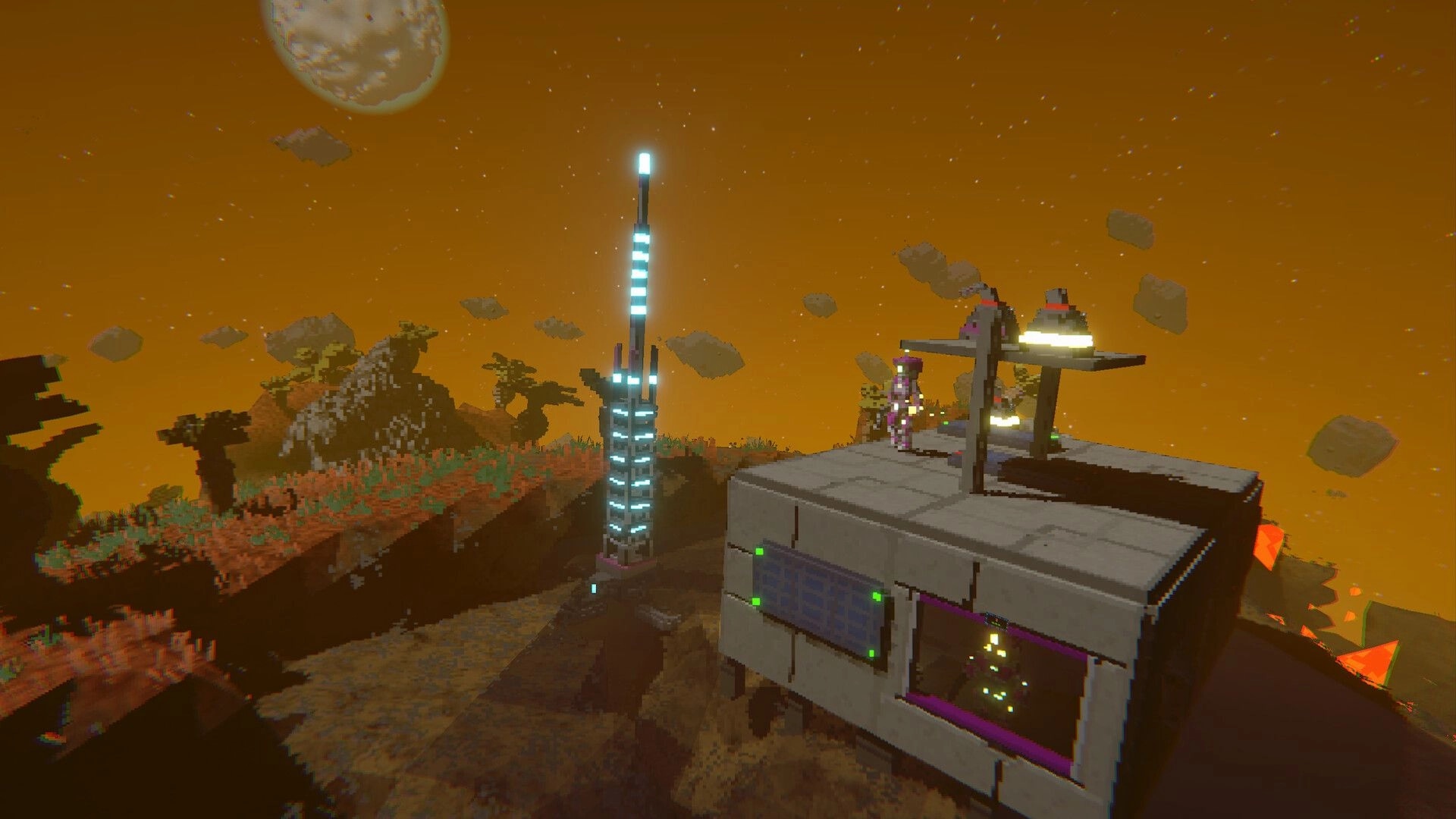 Astromine: Player on rooftop with glowing tower and voxel landscape under orange sky with asteroids