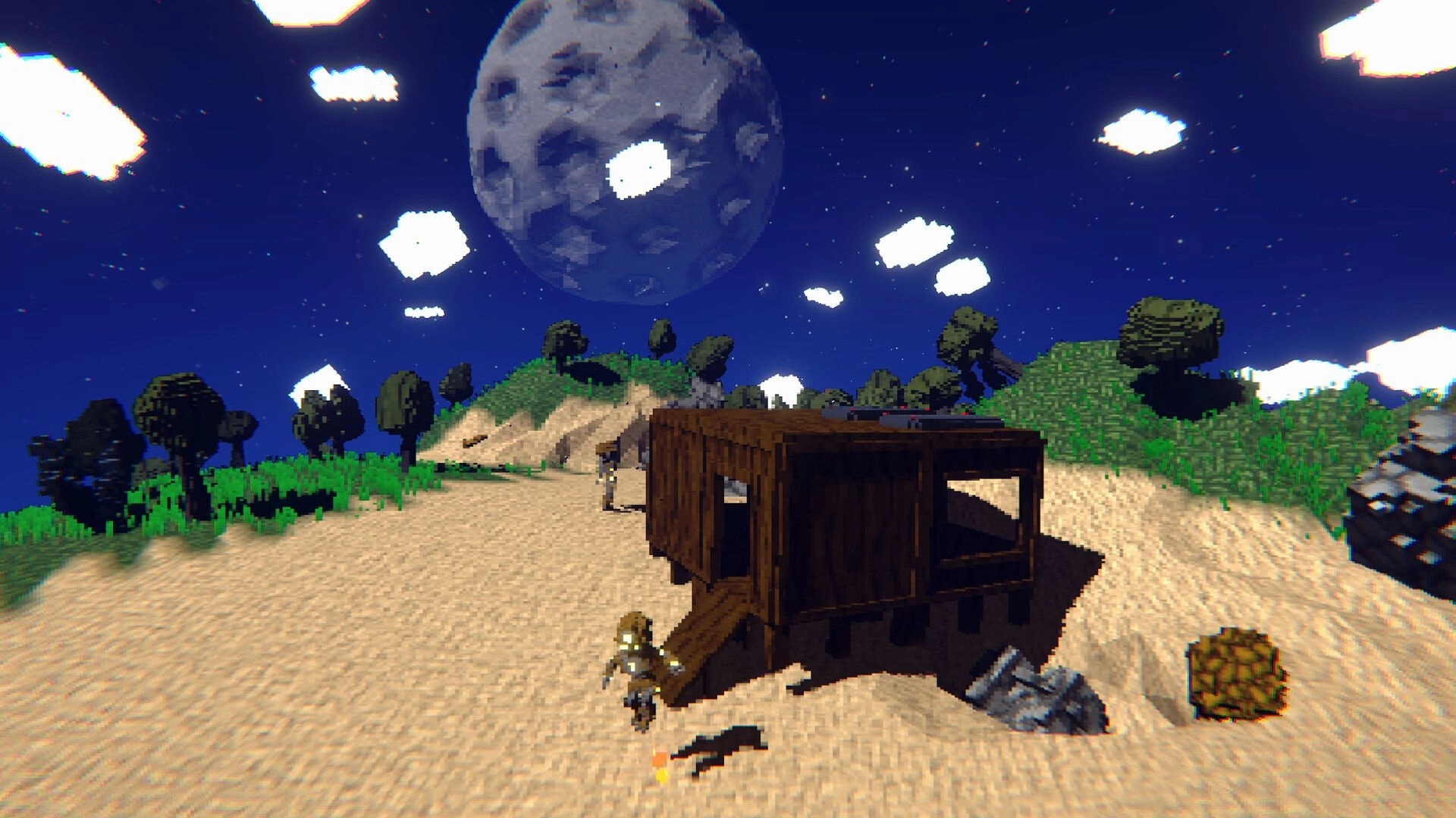 Astromine: Player exploring sandy landscape with wooden structure under large moonlit sky