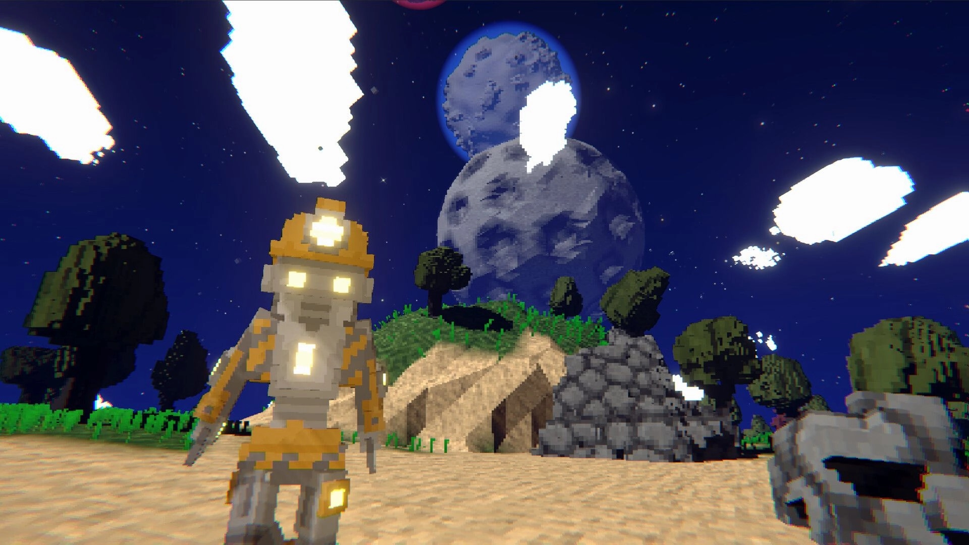 Astromine: Explorer in a voxel landscape at night with trees and a rocky hill under a starry sky.