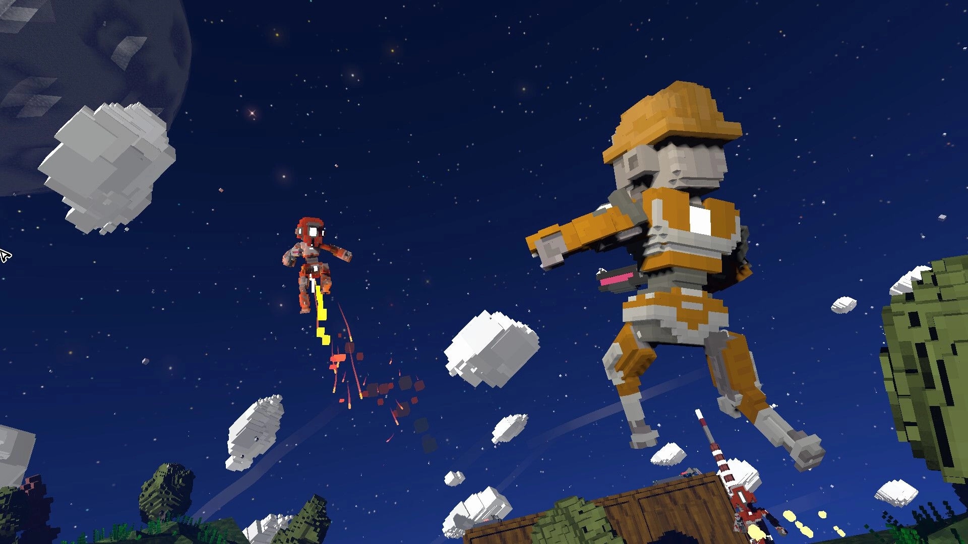 Astromine: Two players in spacesuits explore a voxel planet's sky with asteroids and a starry backdrop.