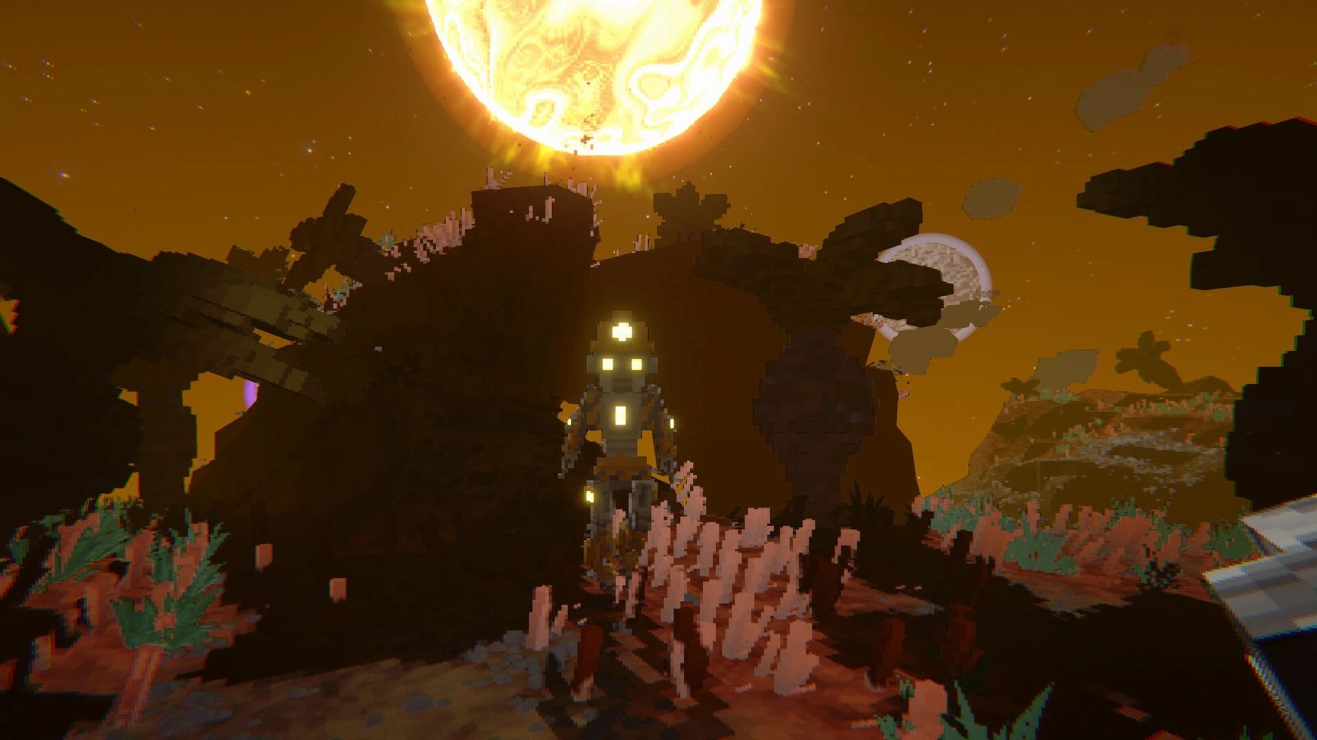 Astromine: Explorer in glowing suit walks through alien landscape under a large sun and starry sky