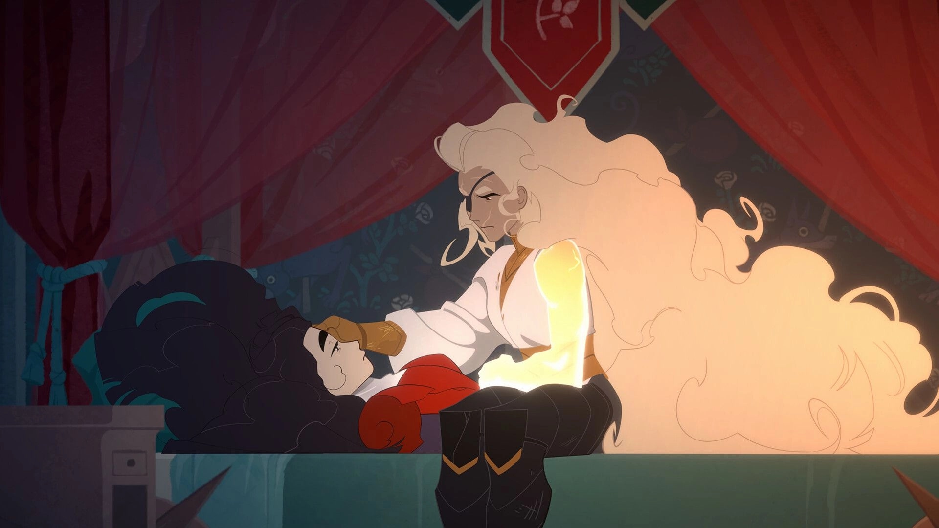 At Fate’s End: White-haired woman cradles an unconscious figure on a curtained bedchamber dais.