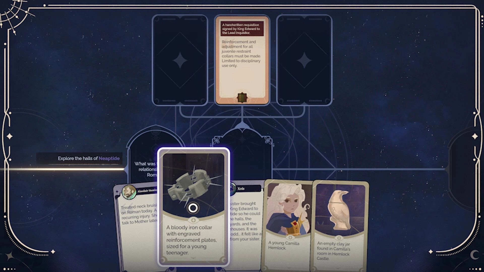 At Fate’s End: Card-based investigation UI highlighting an iron collar clue on a starry blueprint backdrop.