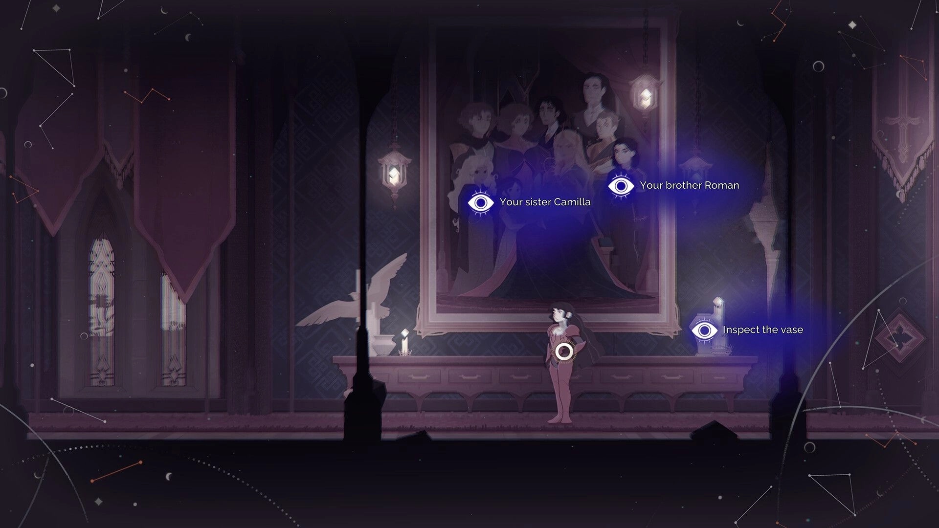 At Fate’s End: Explore prompts to view sister Camilla, brother Roman, and inspect vase in hall.