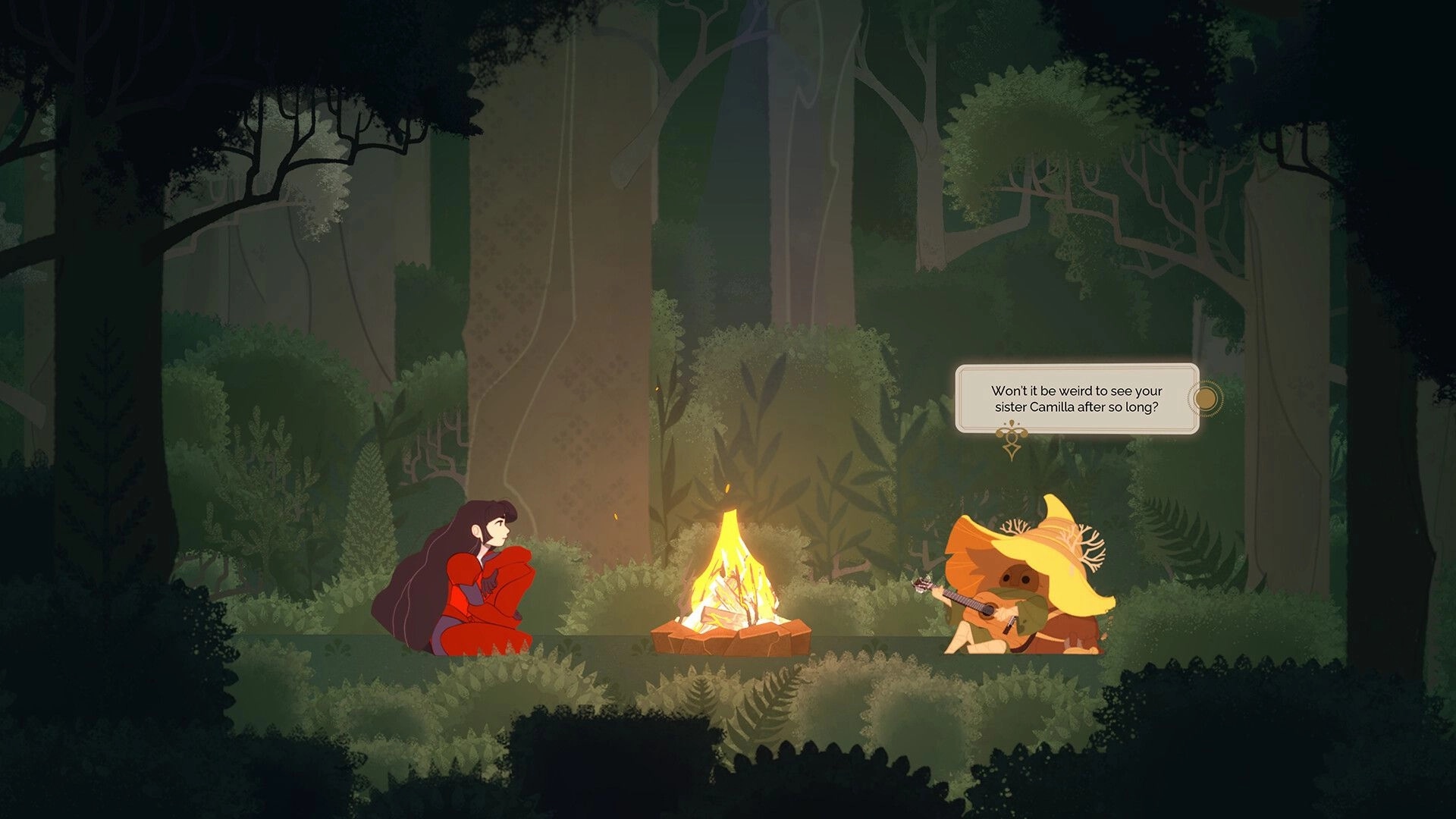 At Fate’s End: Campfire dialogue with a red-cloaked heroine and lute-playing traveler in forest glade.