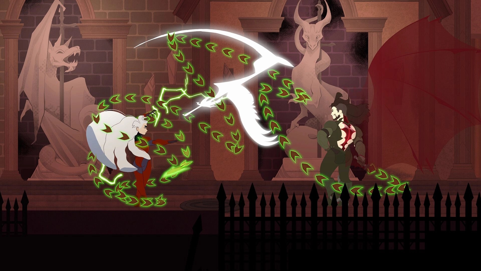 At Fate’s End: Duel between two fighters amid green magic in a stone hall with dragon statues.