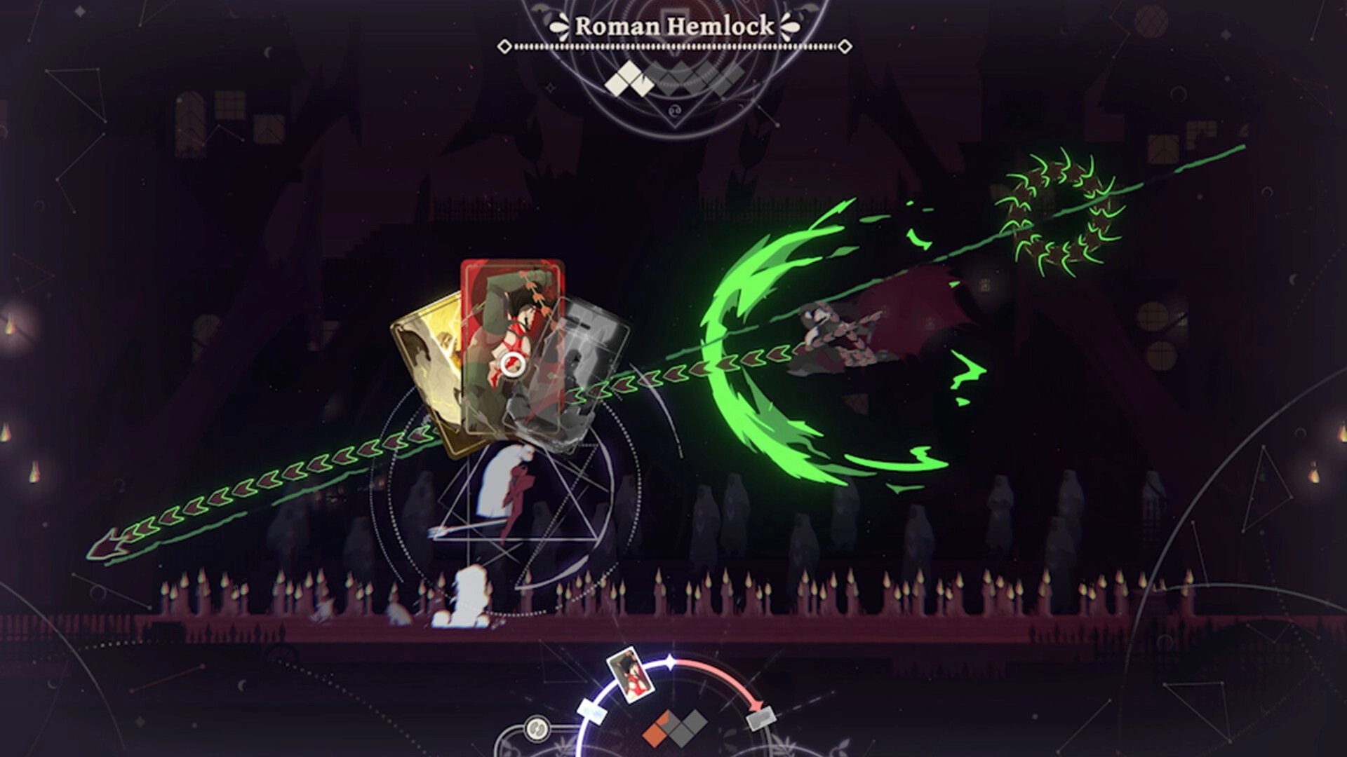 At Fate’s End: Roman Hemlock boss fight as a green slash arcs across a dark arena UI with cards.