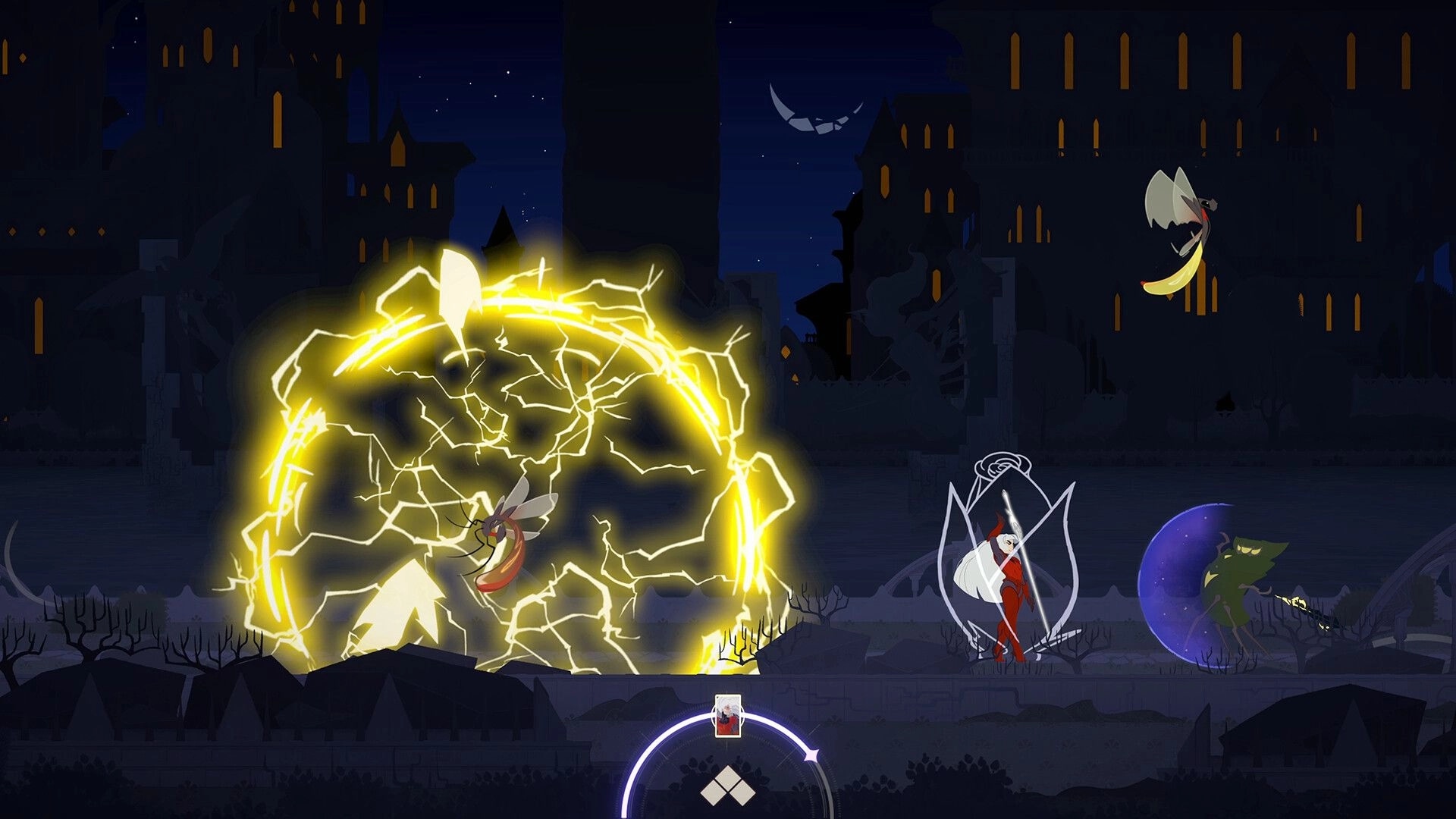 At Fate’s End: Duel amid crackling lightning dome and magic shields in a moonlit ruined cityscape.