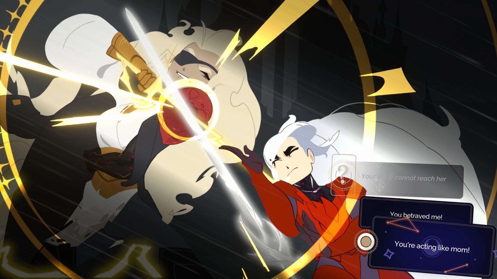 At Fate’s End: Two white-haired fighters clash blades as dialogue choices overlay a dark arena scene.