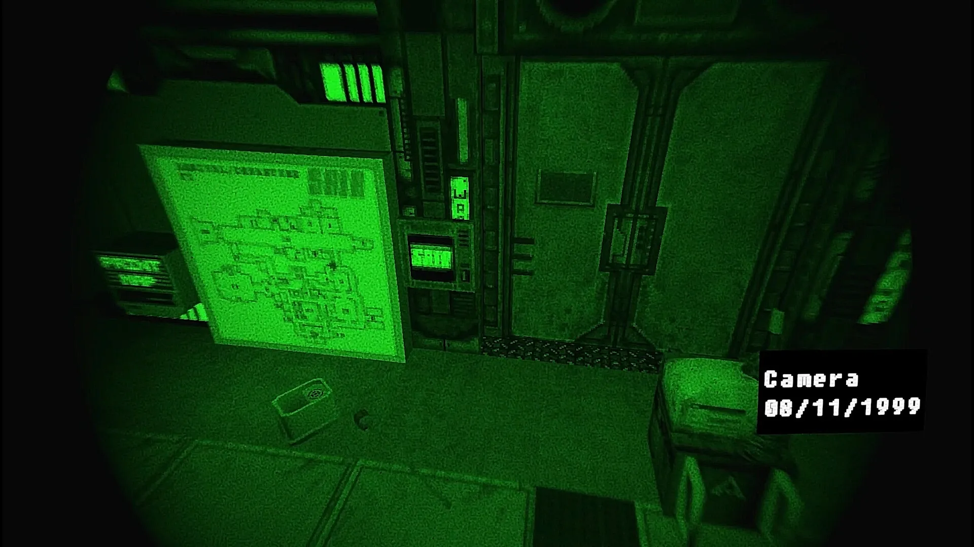 Athanasia: Night vision view of facility hallway with map display and camera date overlay
