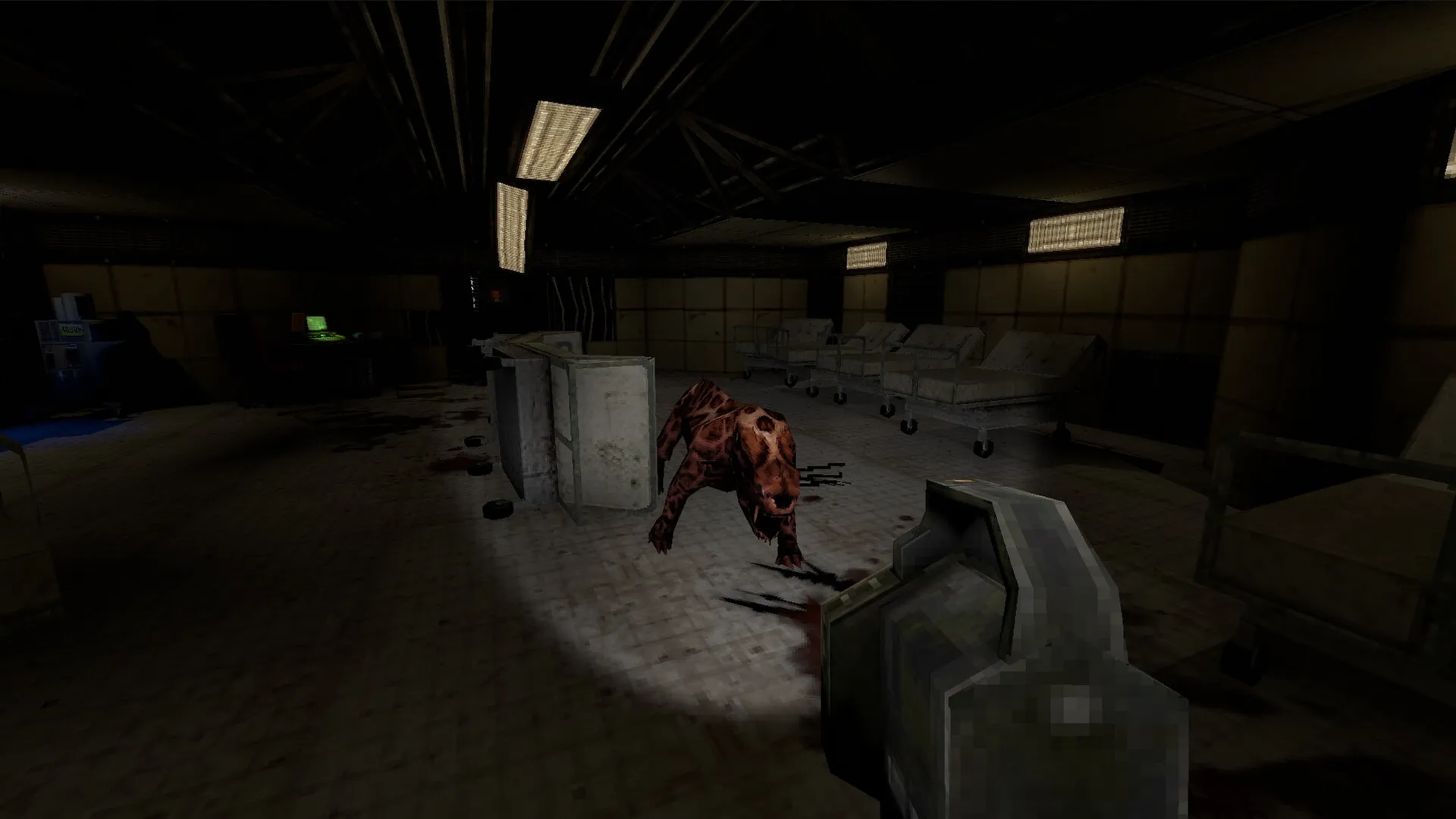 Athanasia: Player aims weapon at dinosaur in dimly lit facility room with scattered hospital beds.