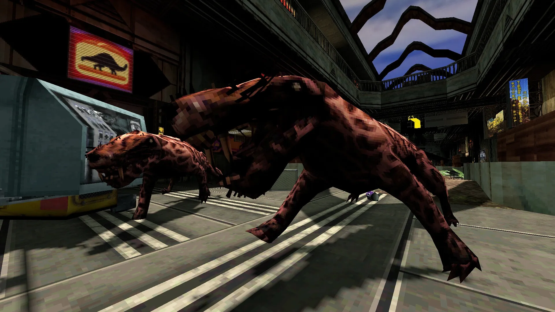Athanasia: Two saber-toothed predators prowl a futuristic facility's dimly lit corridor.