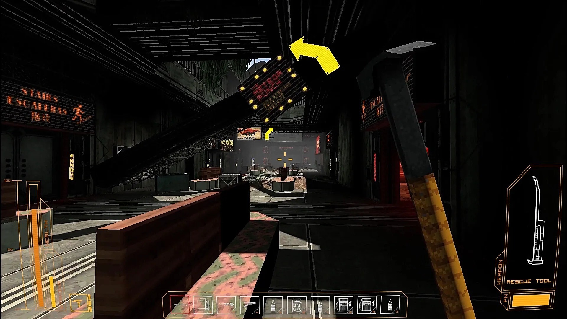 Athanasia: Exploring dark facility with rescue tool equipped, health and weapon HUD displayed