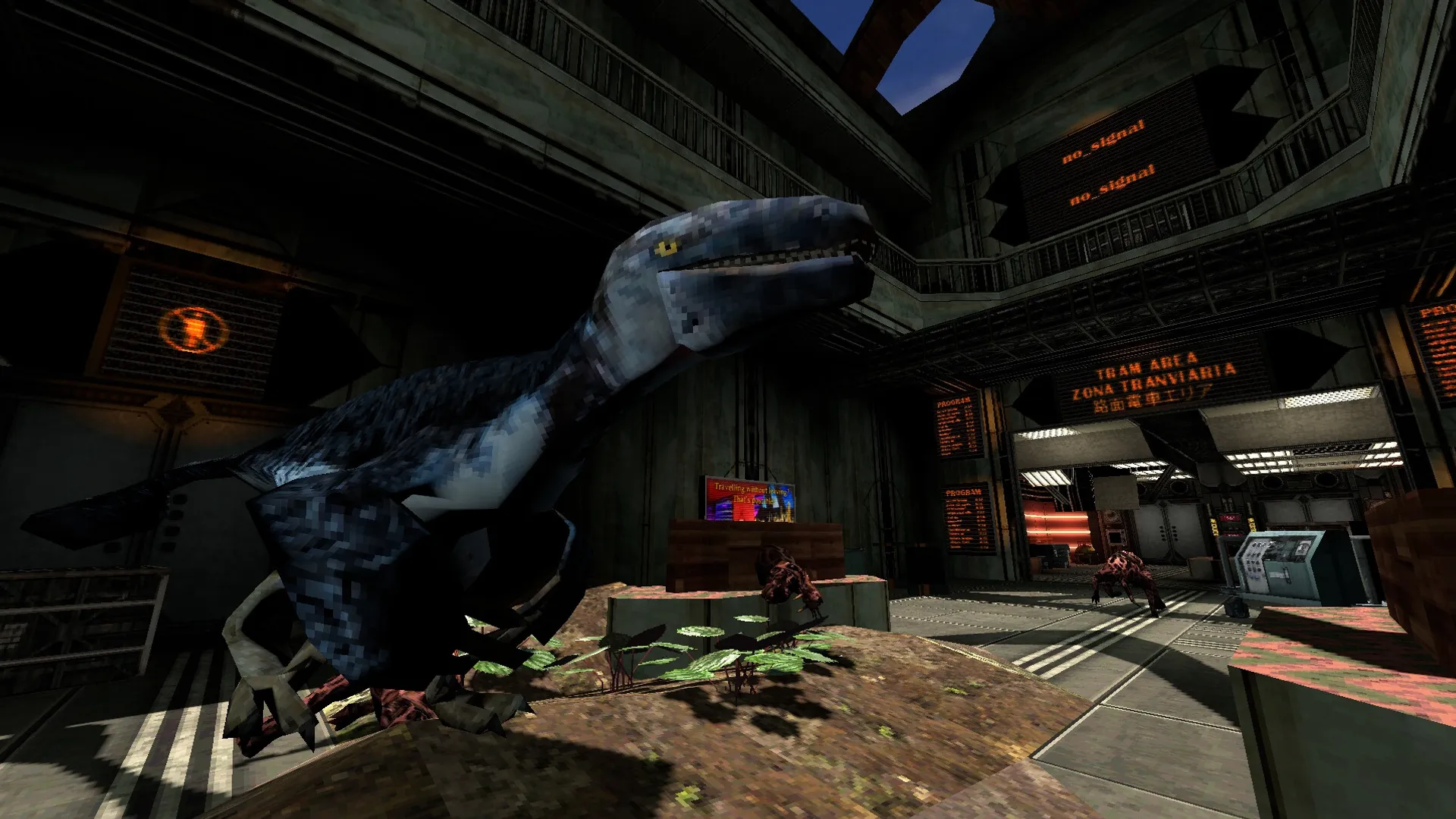 Athanasia: Dinosaur prowling abandoned facility with warning signs and futuristic control panels visible