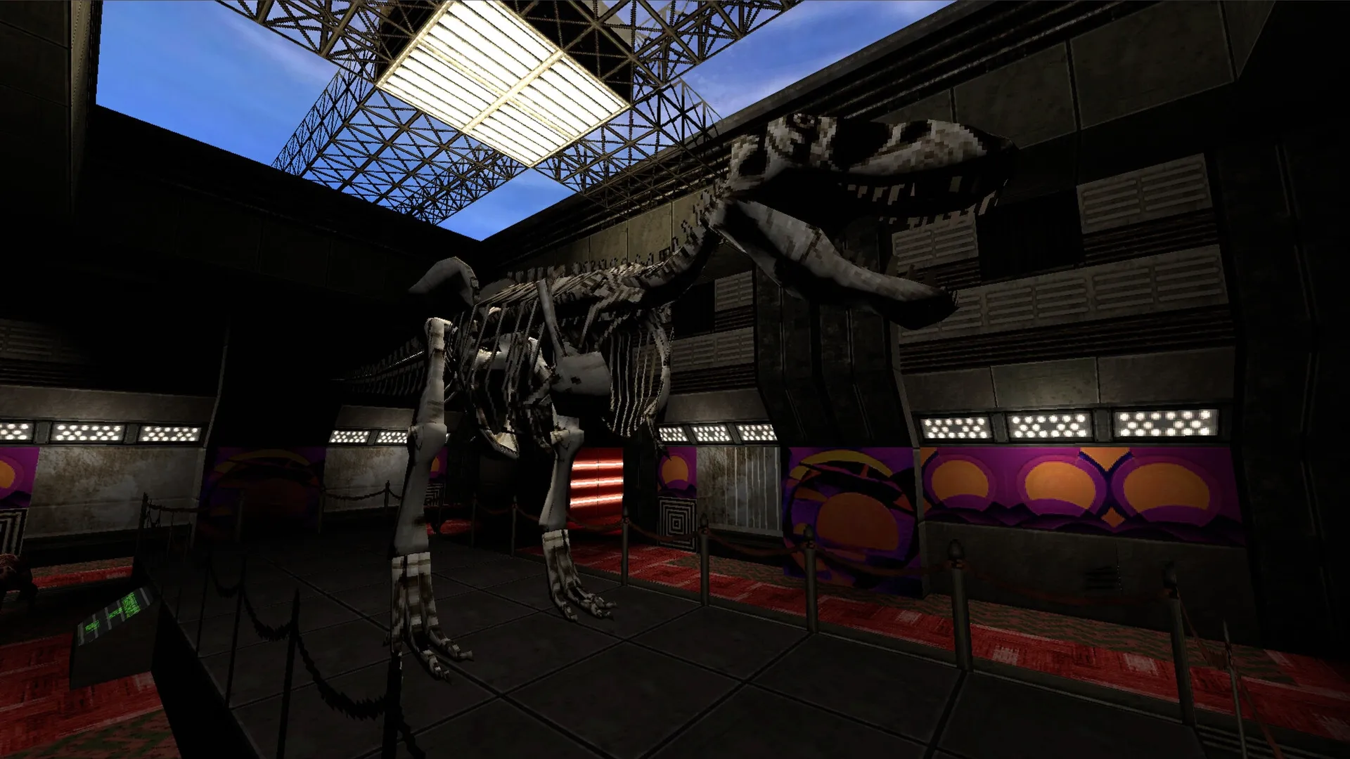 Athanasia: Dinosaur skeleton on display in a dimly lit museum corridor with colorful wall art