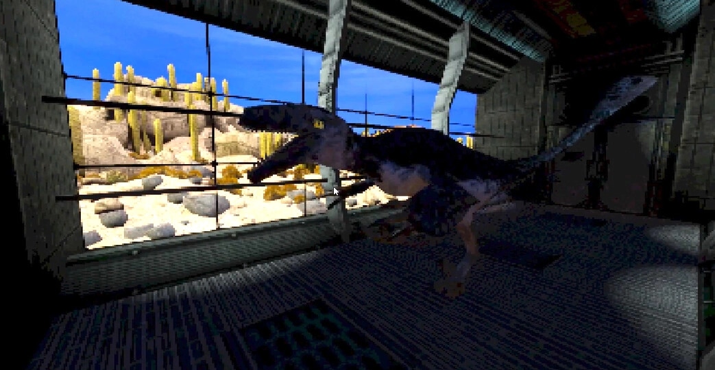 Athanasia: Dinosaur roaming facility corridor with desert landscape visible through large window