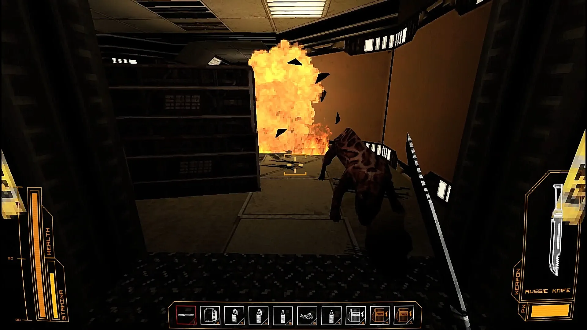 Athanasia: Player wields knife against predator in facility hallway with explosion in the background.