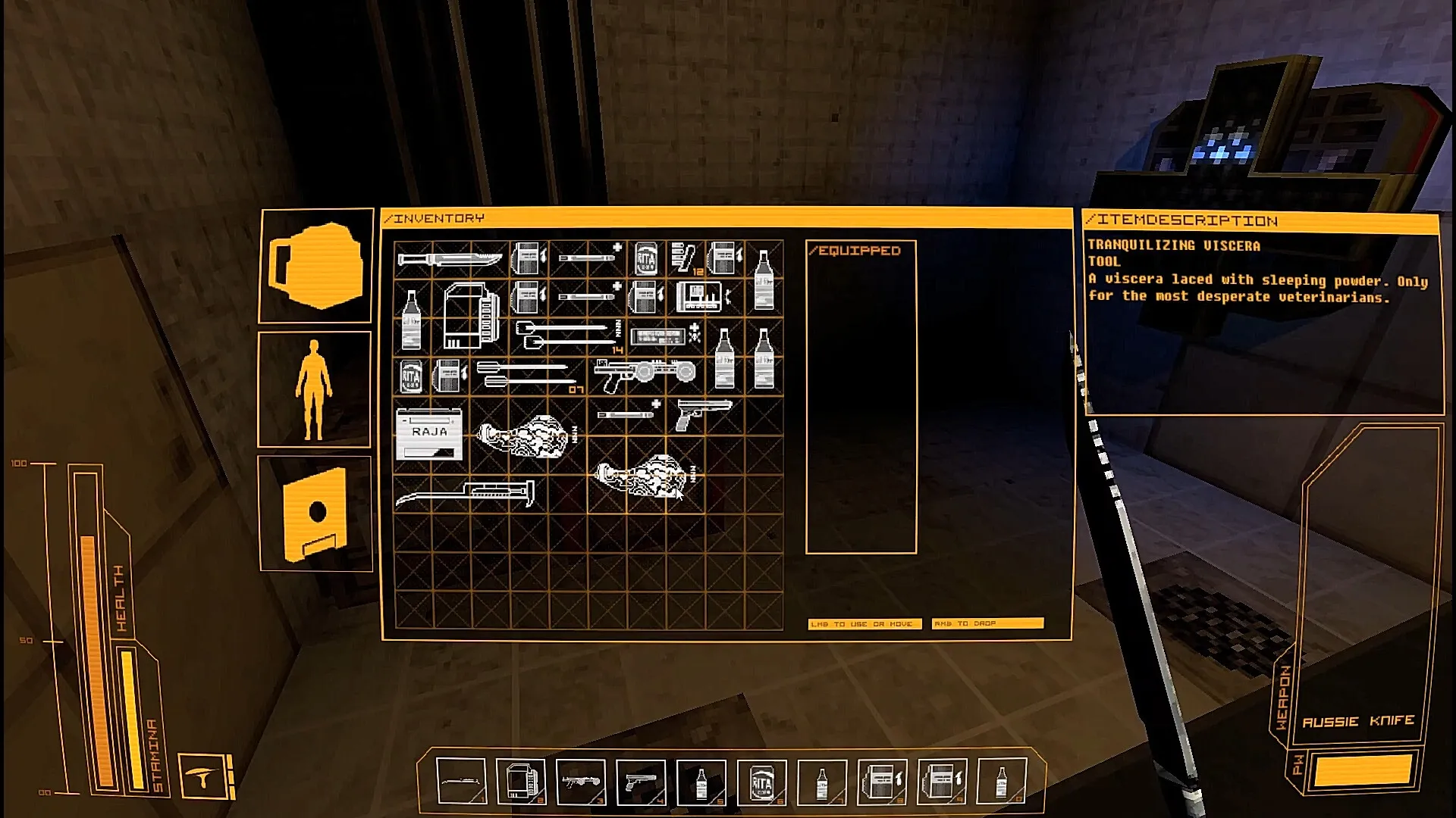Athanasia: Inventory menu with various items and weapons in a dimly lit room environment.