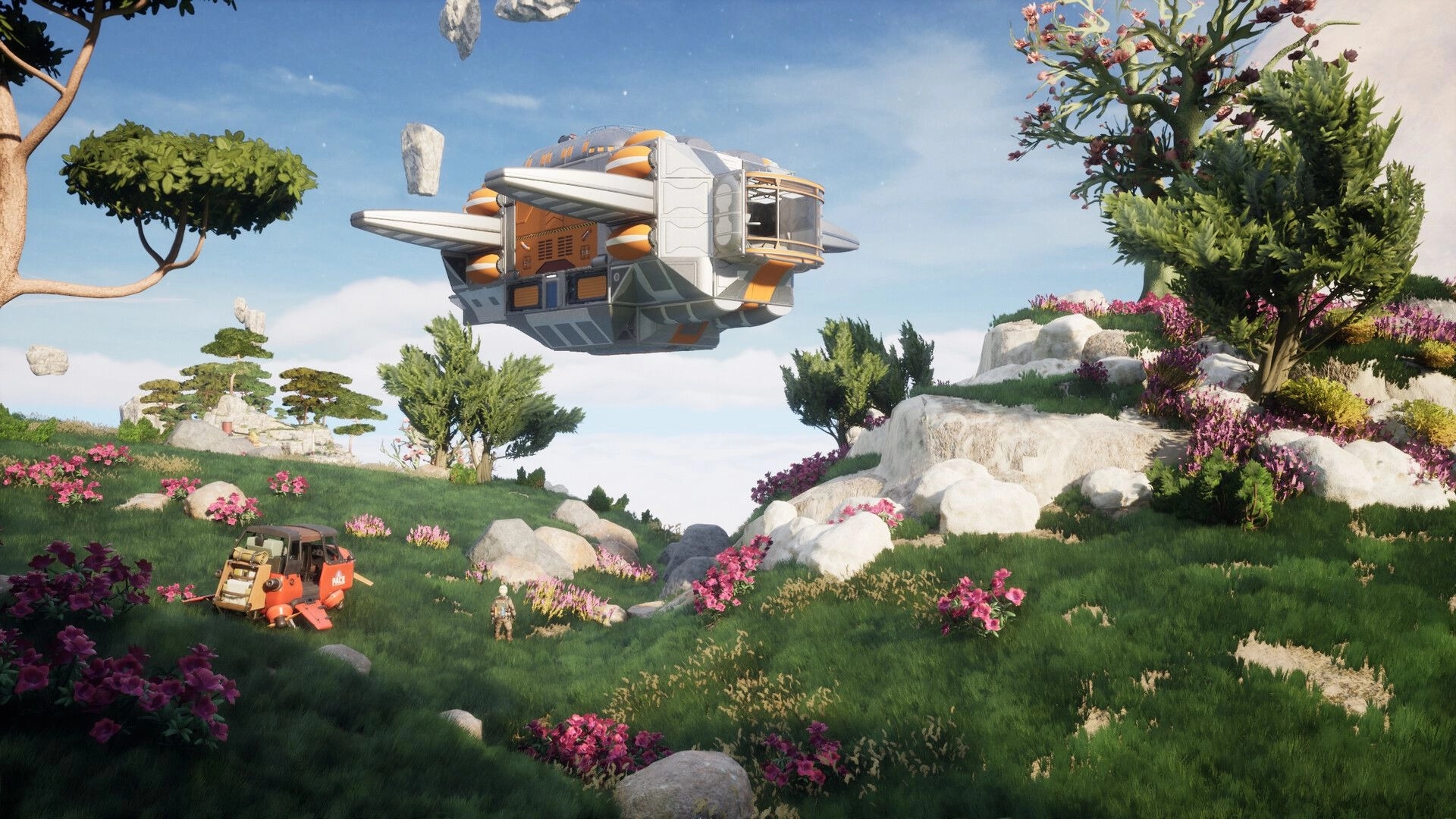 ATMOSFAR: Explorer stands by a small red craft as a large airship hovers over a flowered hillside.