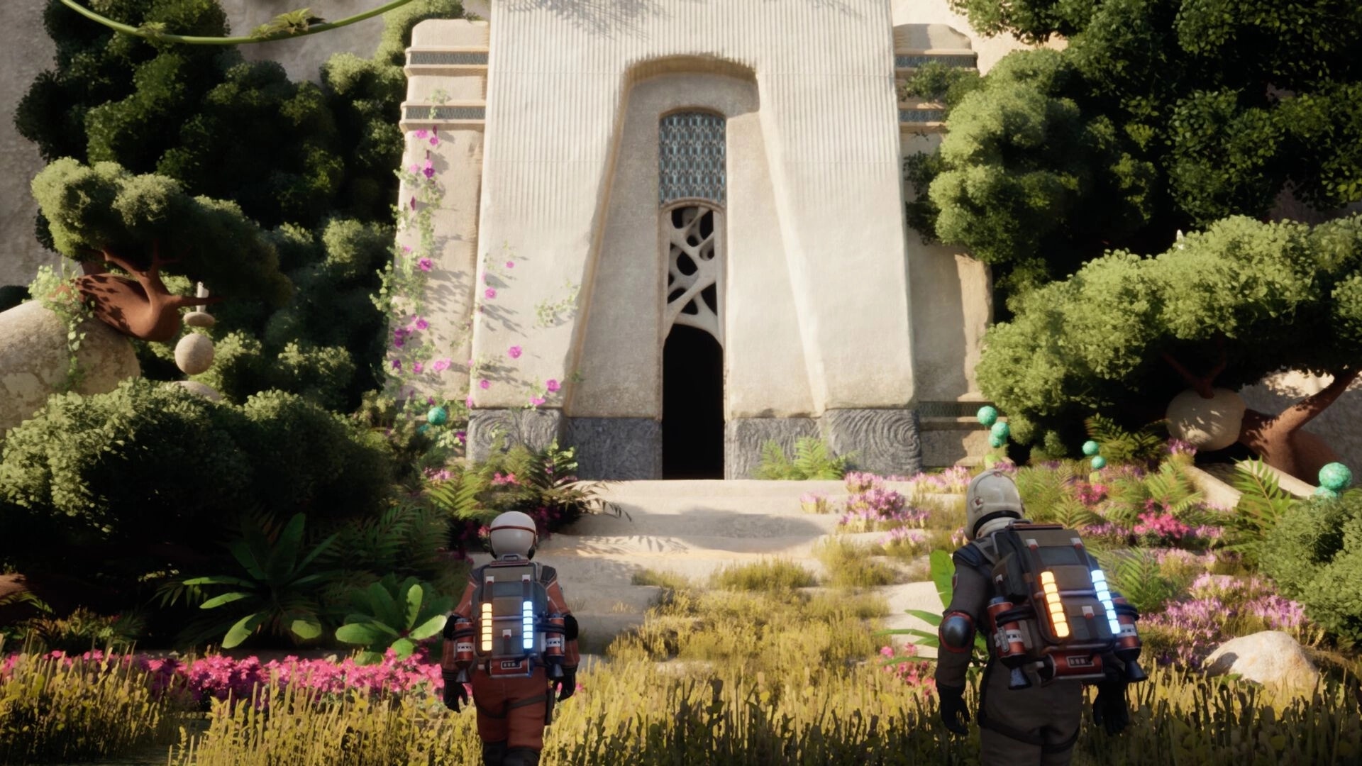 ATMOSFAR: Two suited explorers approach a tall alien doorway through lush flowers and trees.