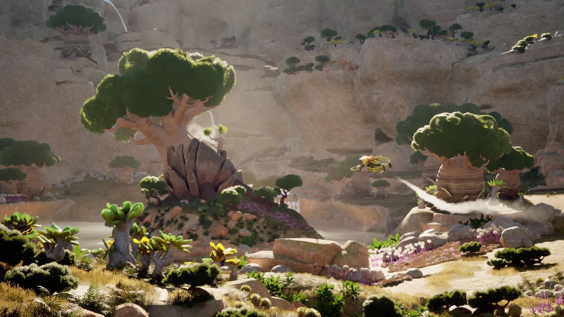 ATMOSFAR: Small flying craft cruising above rocky canyon with giant trees and lush alien plants.