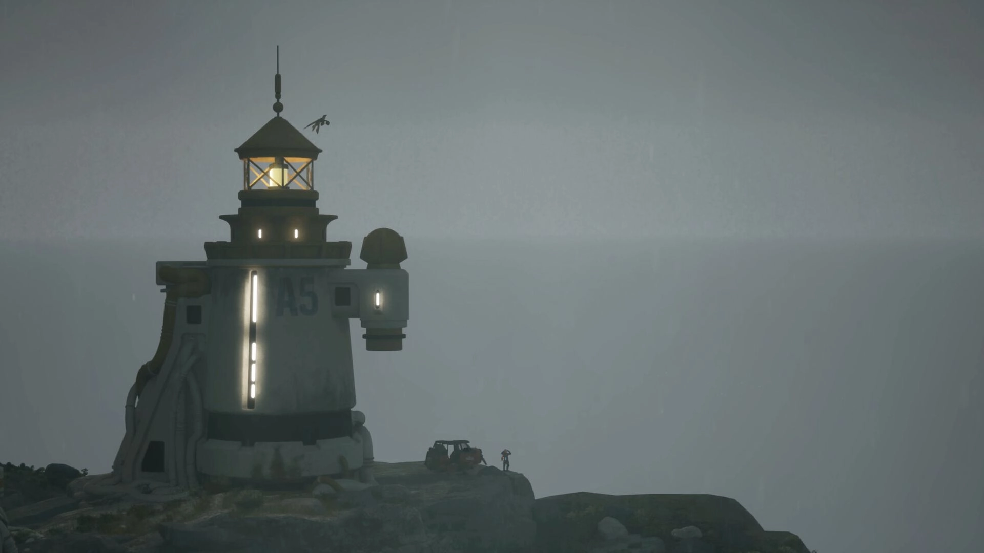 ATMOSFAR: Lone player beside a buggy near a glowing lighthouse tower on a foggy cliff edge.