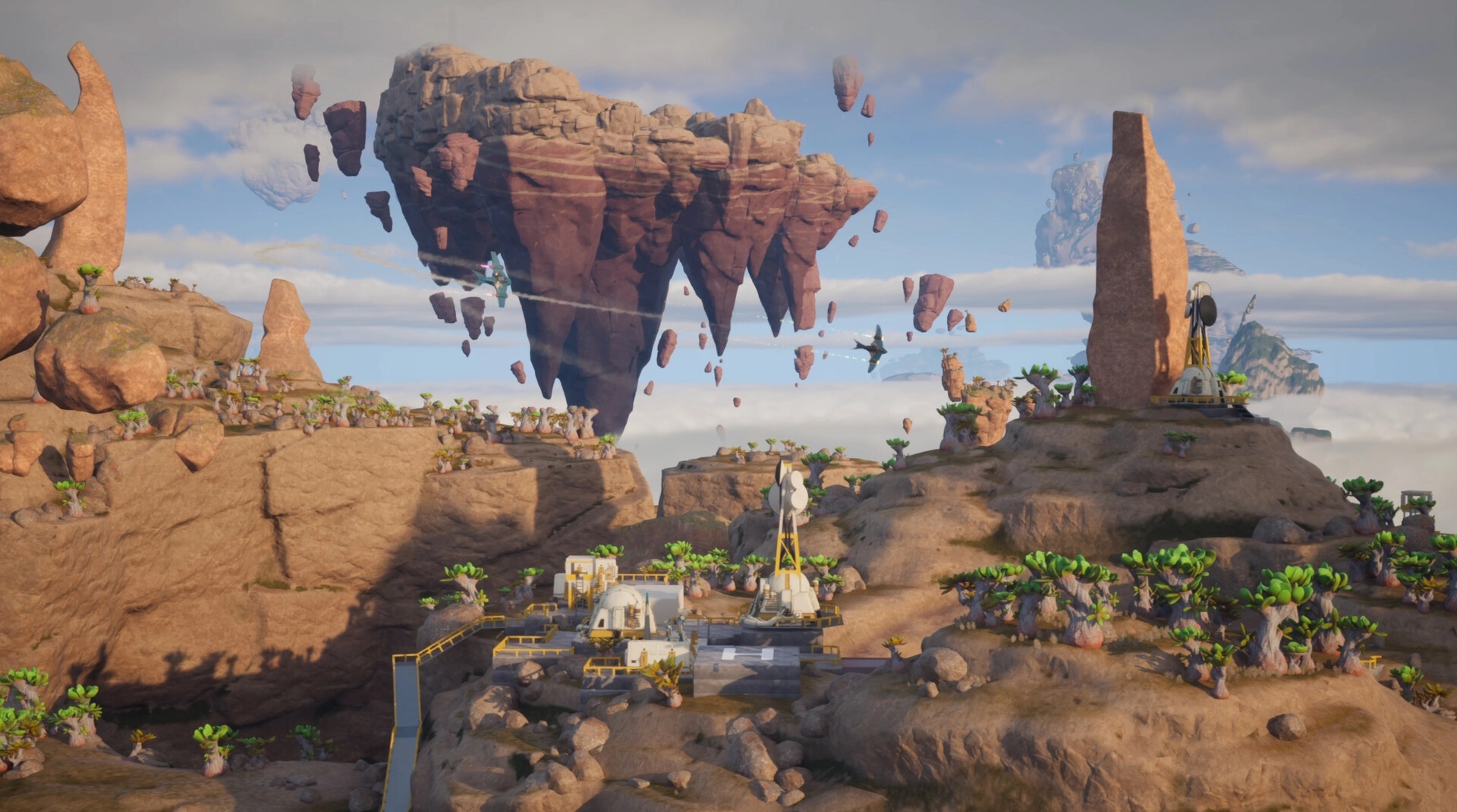 ATMOSFAR: Two small aircraft fly past a huge floating island above a rocky base with antennas.