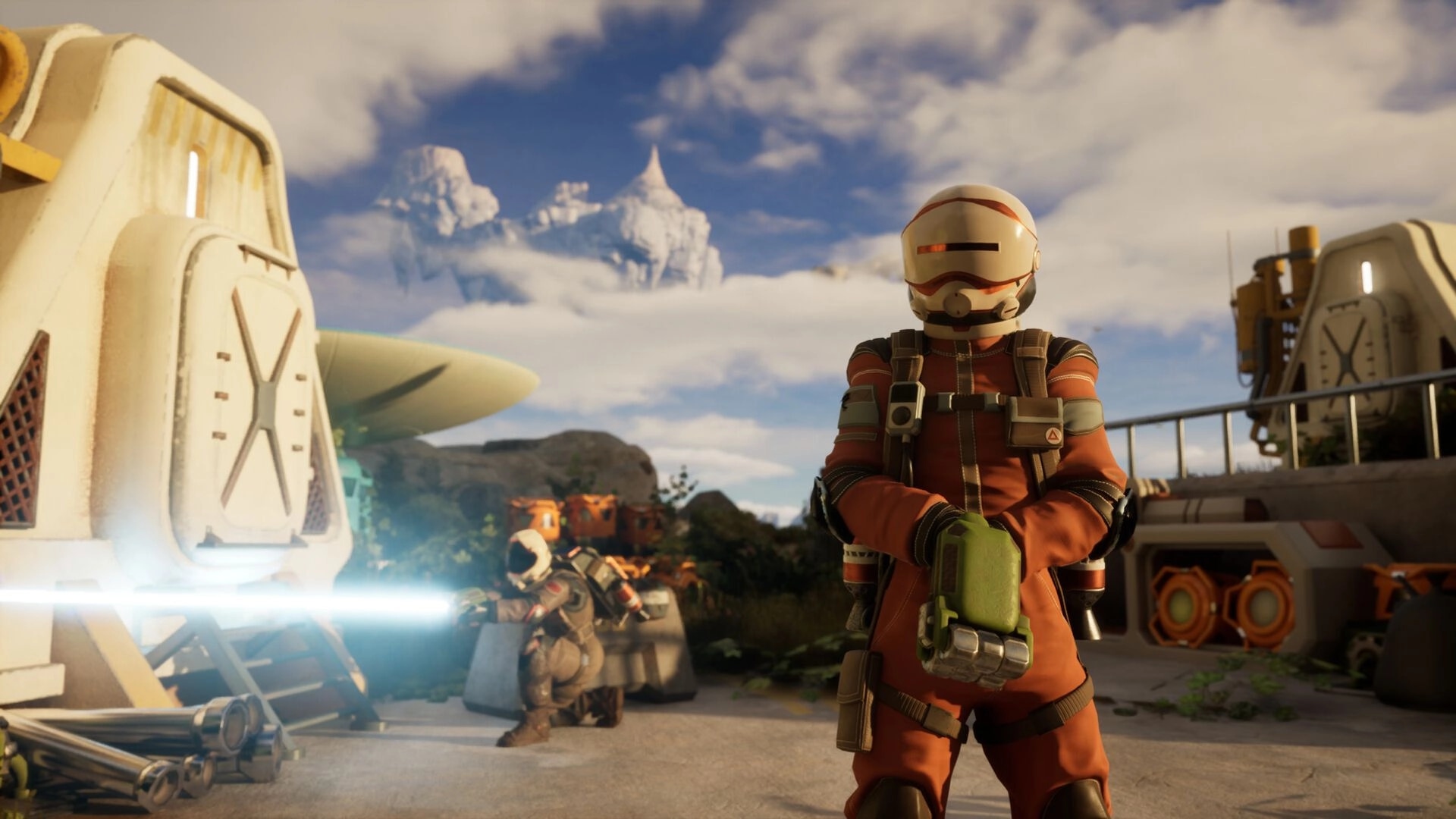 ATMOSFAR: Helmeted astronaut in orange suit at a base platform with clouds and floating peaks ahead.