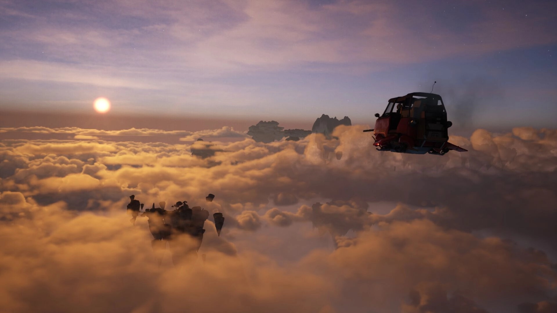 ATMOSFAR: Red flying craft glides above cloud sea at sunset with distant floating islands ahead.
