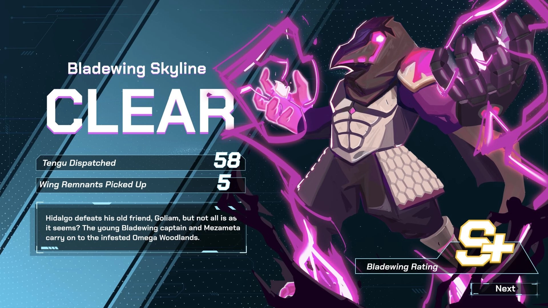Atomic Owl: Level clear screen with Hidalgo Bladewing, Tengu stats, and Bladewing Rating shown.