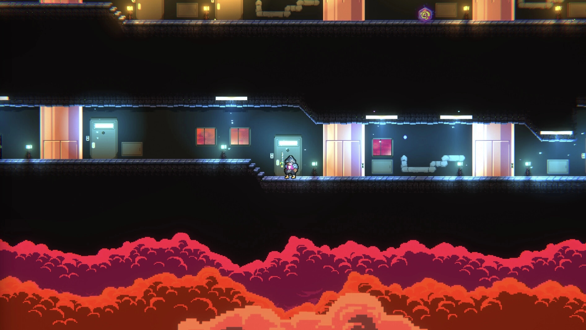 Atomic Owl: Hidalgo Bladewing stands in a neon-lit corridor above swirling red clouds in a pixel-art style.
