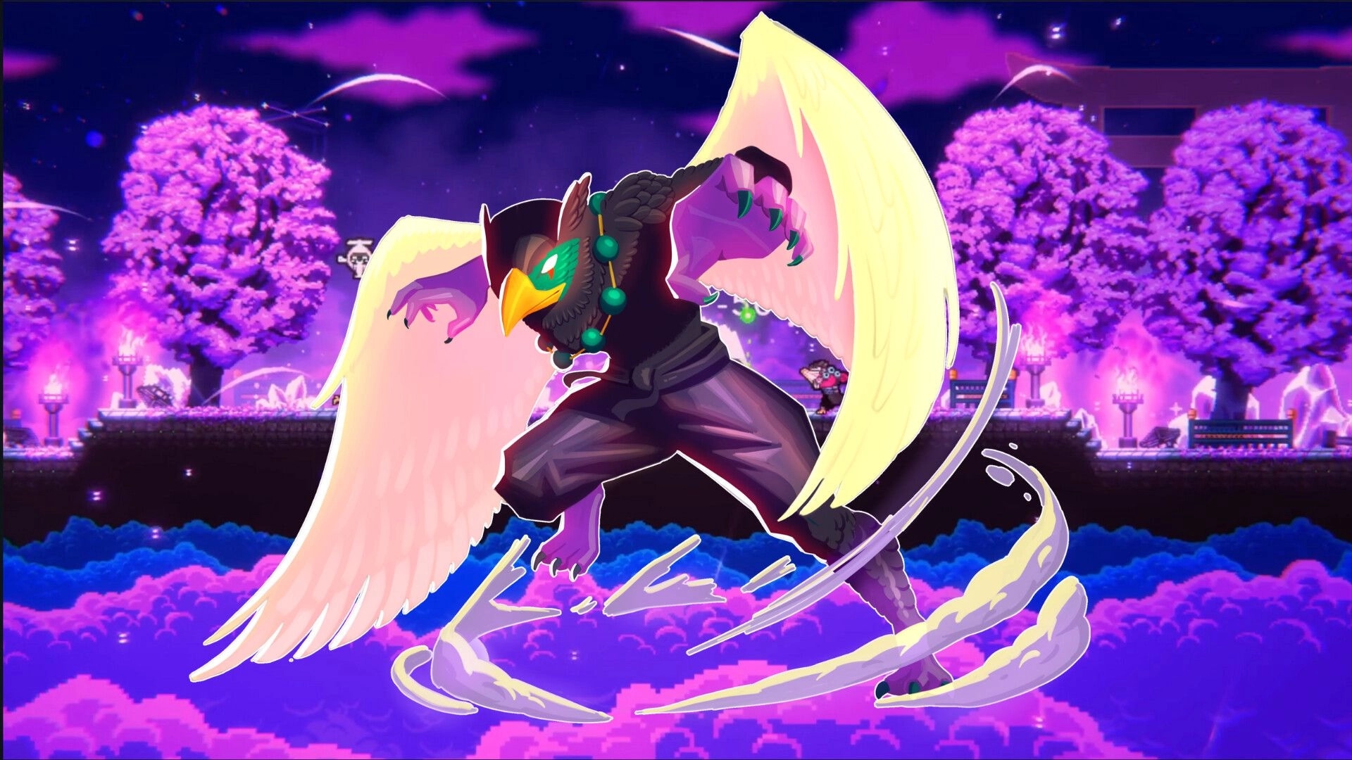 Atomic Owl: Hidalgo Bladewing in dynamic pose amid vibrant neon forest with glowing pink trees