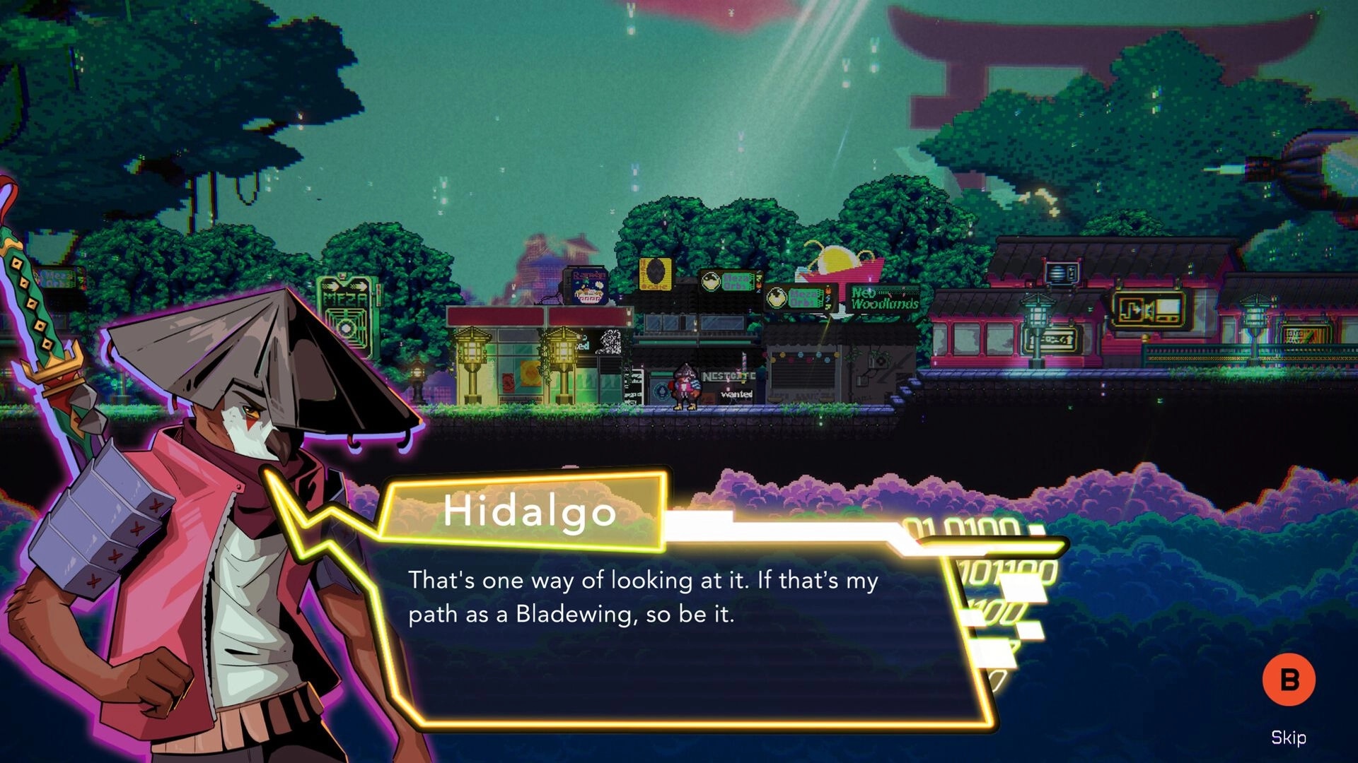 Atomic Owl: Hidalgo dialog box in vibrant neon village with glowing signs and lush pixelated trees
