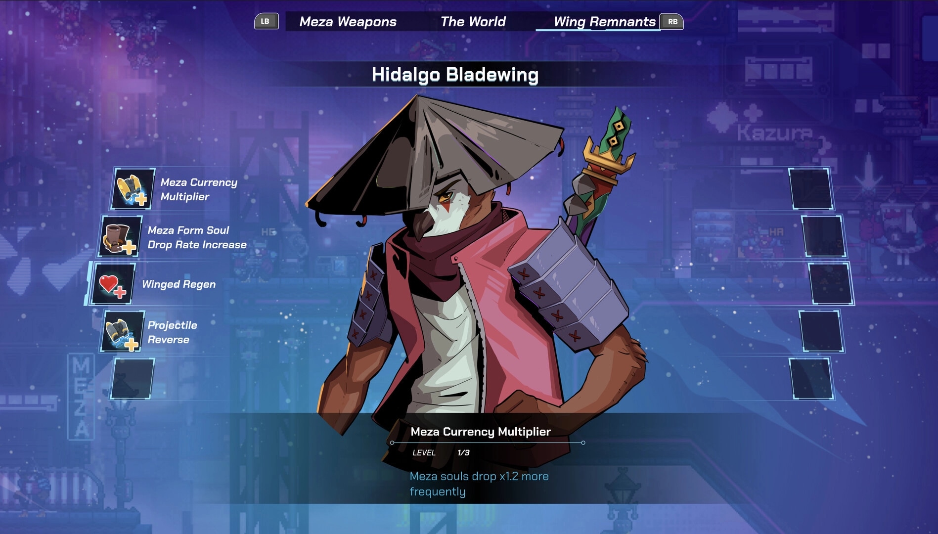Atomic Owl: Hidalgo Bladewing stands in character menu with skill upgrades in pixel-art neonscape