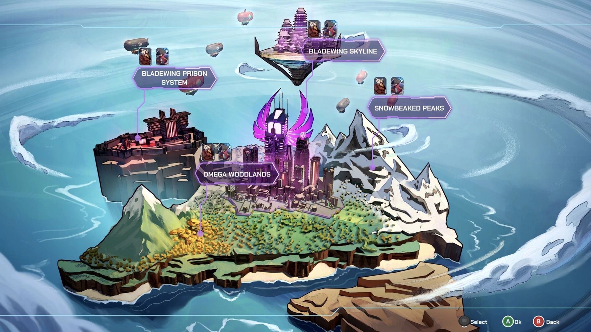Atomic Owl: Overhead map view of Bladewing locations, featuring cities and detailed terrain elements.
